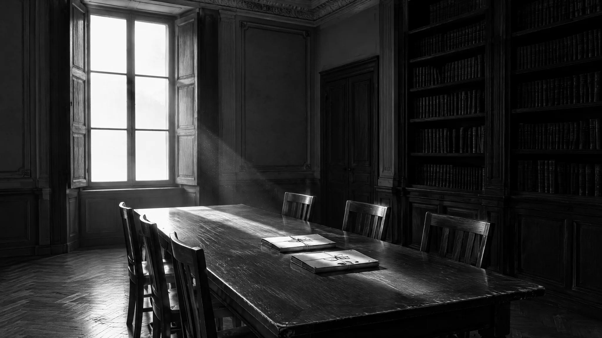 Sala de reuniones antigua en penumbra: una mesa larga de madera con dos legajos atados, sillas alrededor, una librería de pared a pared y una ventana alta con los postigos abiertos.